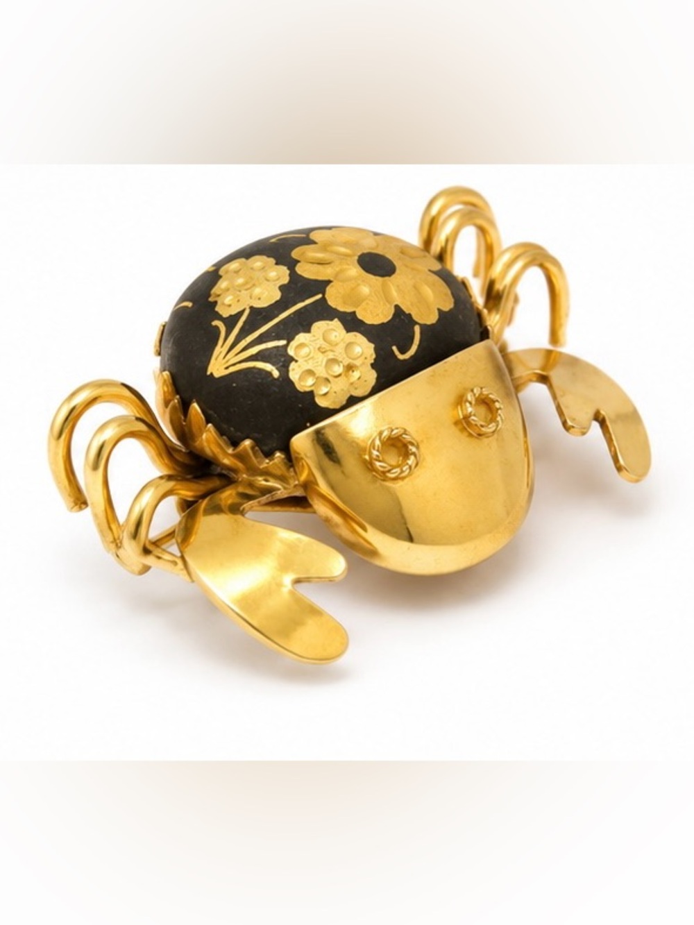 Vintage Siam Thailand Damascene Crab Brooch Gold Tone Black Floral Pin
